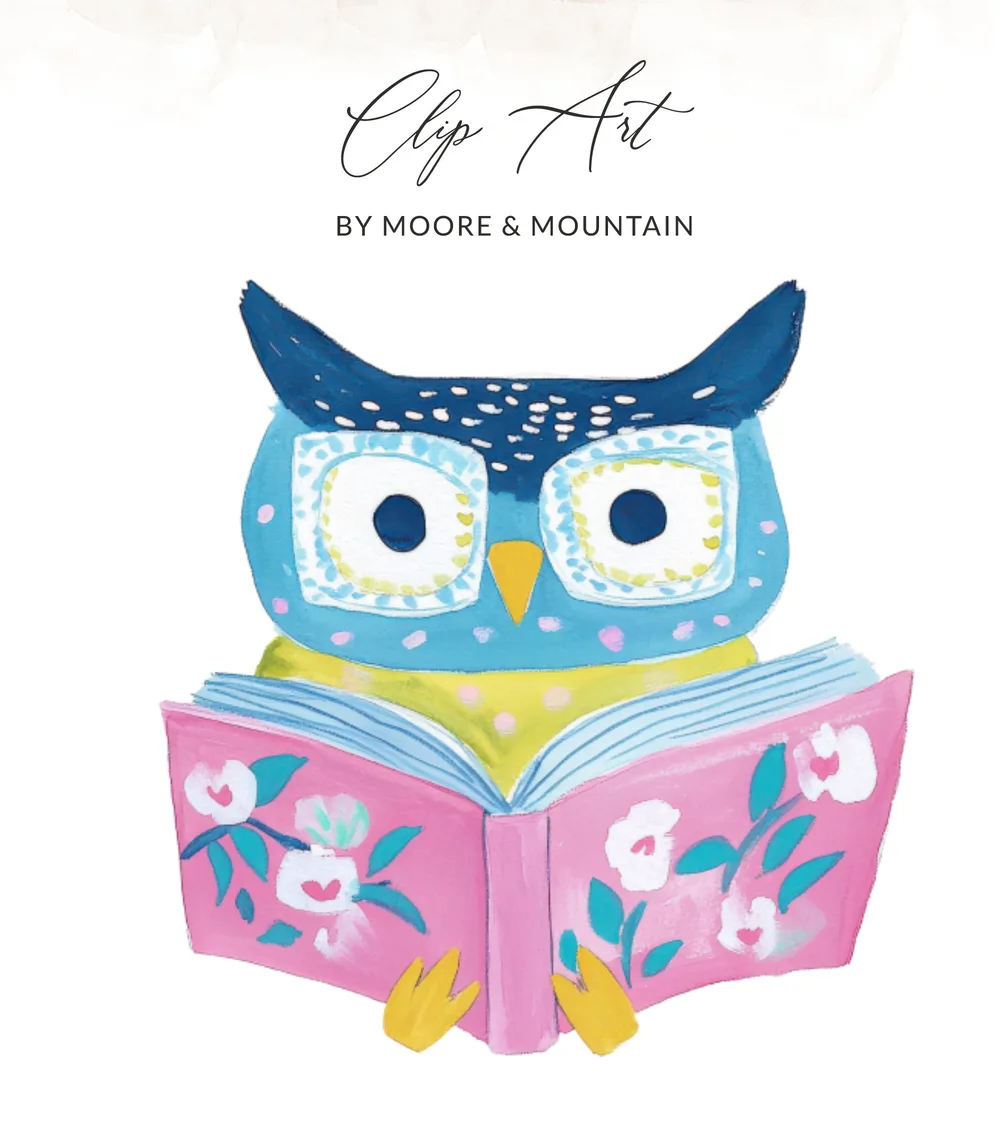 Clip Art illustration of a blue and yellow owl reading a pink book.