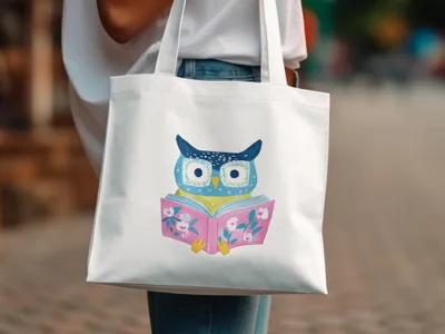 White tote bag with illustration of a blue owl reading a pink book.
