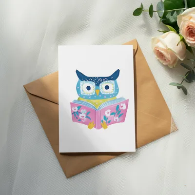 Illustration of a blue owl wearing glasses reading a pink book.