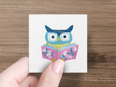Illustration of a blue owl wearing glasses, reading an open pink book.
