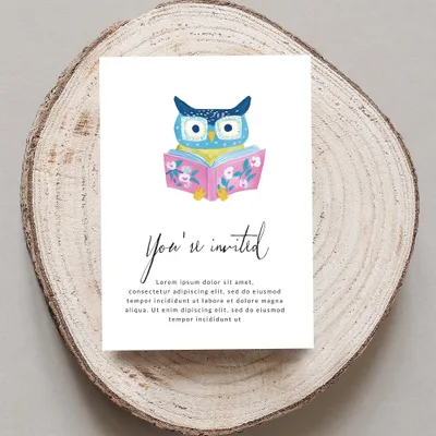 Owl reading book invitation with "You're invited" text.