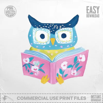Illustration of a blue owl reading a pink book with white flowers.