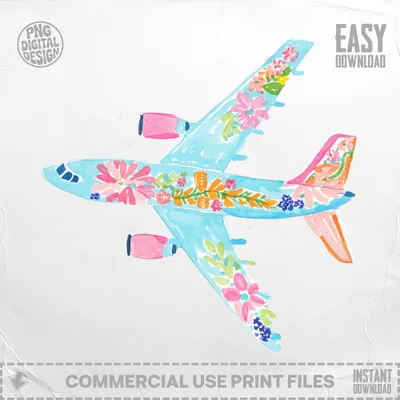 Light blue airplane with floral pattern, easy download.
