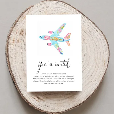 Floral airplane invitation with "You're invited" and placeholder text.