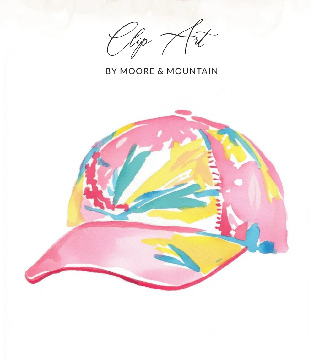 Watercolor clip art of a pink baseball cap with abstract blue, yellow, and green splashes.