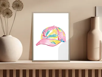 Colorful cap illustration with pink brim, on a shelf with vases.