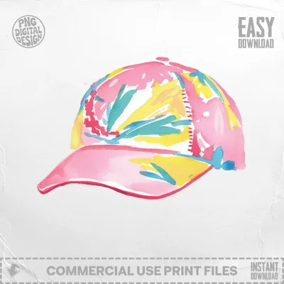Pink, yellow, and blue watercolor baseball cap with "EASY DOWNLOAD" text.