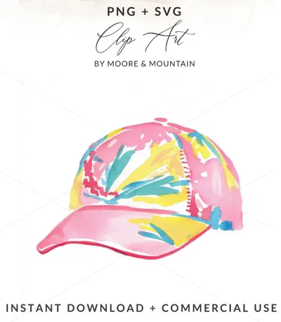 Watercolor baseball cap with abstract pink, blue, and yellow brushstrokes.