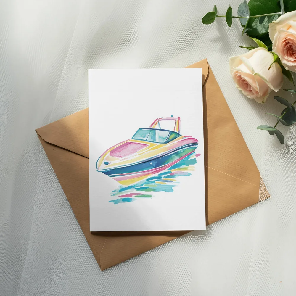 Watercolor painting of a colorful speedboat on water, on a brown envelope.