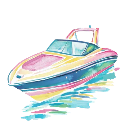 Watercolor painting of a colorful speedboat on choppy, blue, pink, and yellow water.