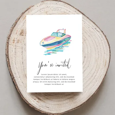 Watercolor boat invitation with "You're invited" text.
