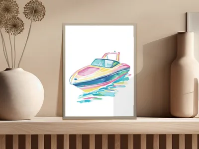 Colorful speedboat illustration on a light gray background with minimalist decor.