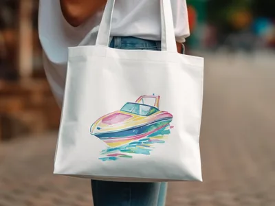 White tote bag featuring a colorful watercolor illustration of a speed boat.