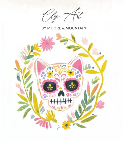 Preppy Painterly Cat Sugar Skull SVG, Hand Painted PNG Clipart, Gouache Style Illustration, Watercolor Preppy Graphic, Vibrant Pastel