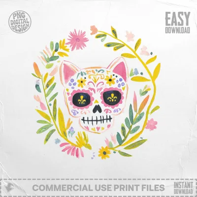 Sugar skull cat in floral wreath, with "Easy Download" text.