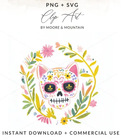 Day of the Dead cat skull clip art with floral wreath, PNG + SVG.
