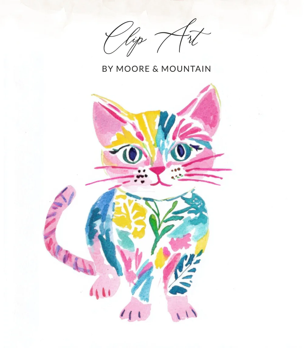 Watercolor clip art of a colorful cat with floral accents, "Clip Art" title.