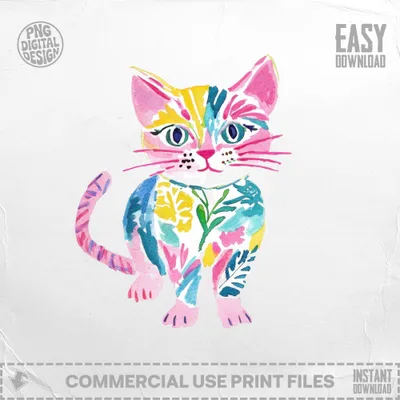 Colorful watercolor cat with floral pattern, pink tail, and "EASY DOWNLOAD" text.