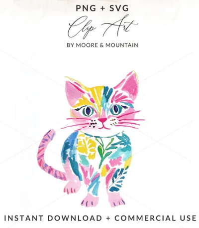 Watercolor cat illustration with floral accents and text "PNG + SVG CLIP ART".