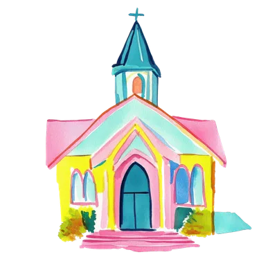 Watercolor painting of a yellow church with a blue steeple and pink and turquoise accents.