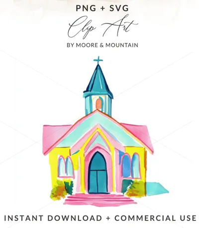 Watercolor painting of a colorful church with arched doorway, "PNG + SVG" and "BY MOORE & MOUNTAIN" text.