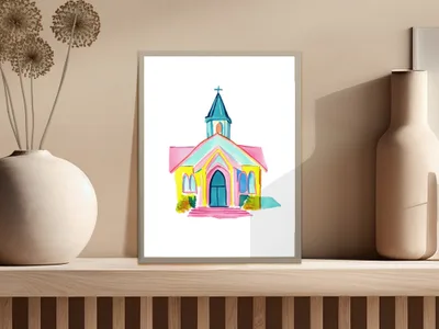 Watercolor painting of a colorful church with a steeple on a shelf.