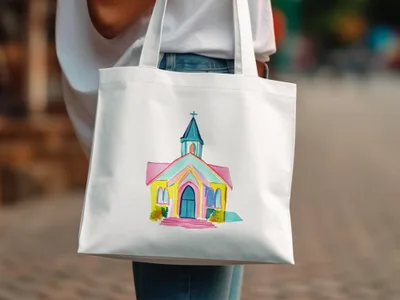 White tote bag with a watercolor painting of a colorful church.
