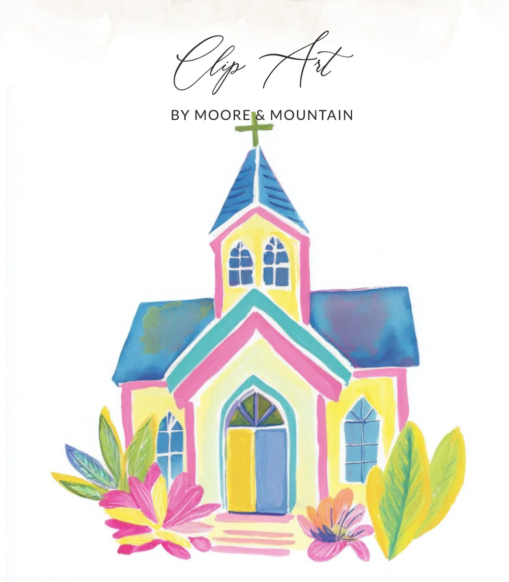 Colorful watercolor church with floral accents and "Clip Art by Moore & Mountain" text.