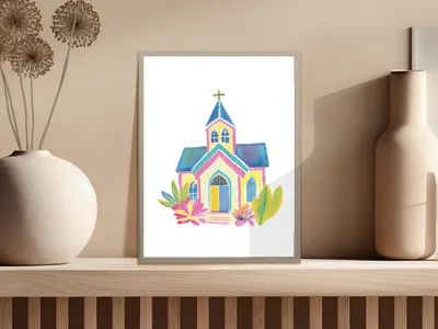 Watercolor painting of a colorful church with flowers.