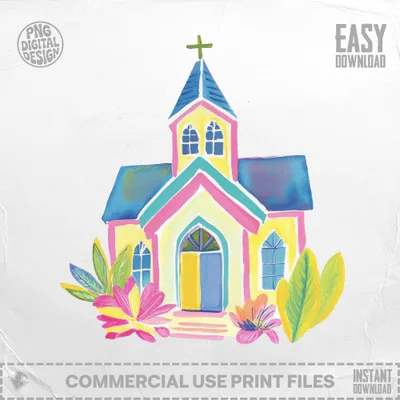 Watercolor painting of a colorful church with flowers and leaves.