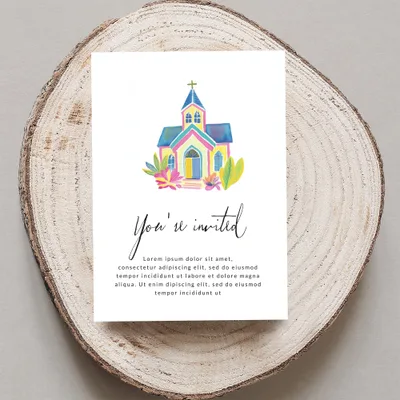 Invitation card with colorful watercolor church illustration and "You're invited" text.