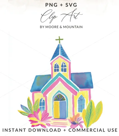 Watercolor painting of a colorful church with flowers and "PNG + SVG BY MOORE & MOUNTAIN" text.