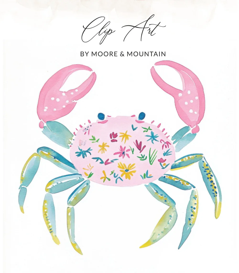 Pink crab with floral design and text "Clip Art" by Moore & Mountain.