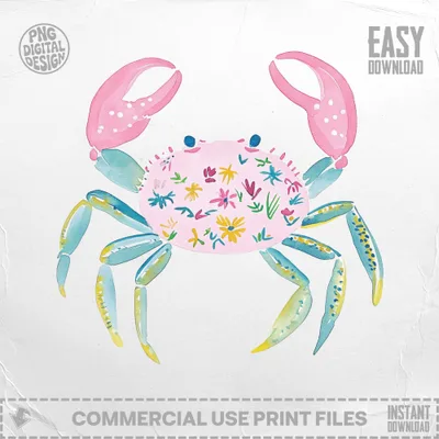 Watercolor crab with floral design and "Easy Download" text.