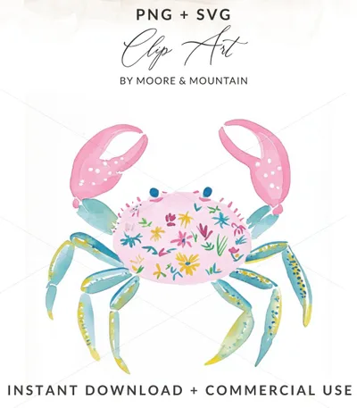 Watercolor crab clip art with floral pattern and text.