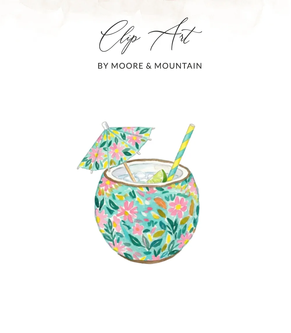 Watercolor cocktail in a coconut with a floral umbrella and straw.