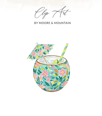 Preppy Painterly Digital SVG, Gouache Style Illustration, Watercolor Tropical Cocktail Clipart PNG, Artsy Girly Summer Drink Graphic