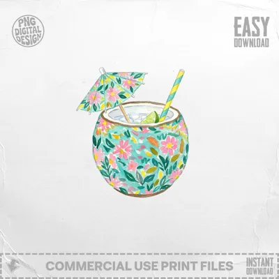 Watercolor coconut drink with floral umbrella and straw.