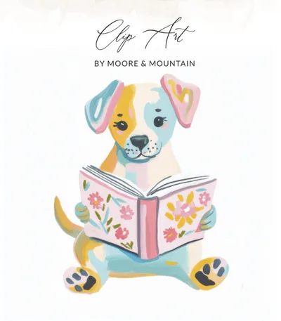 Preppy Painterly Dog PNG Clipart, Hand Painted Gouache Puppy Illustration, Watercolor Digital Graphic, Artsy Girly Book Lover SVG, Trendy