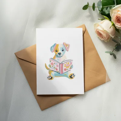 Colorful cartoon dog reading a book on a greeting card.