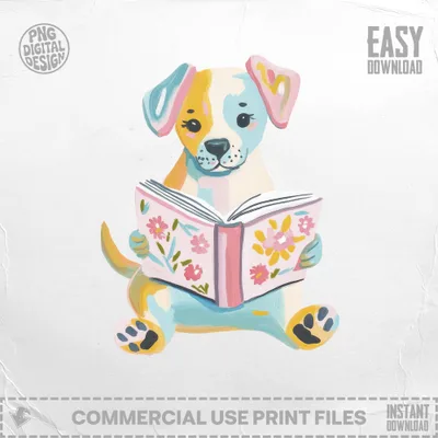 A stylized dog with colorful patches reads a book with floral designs.