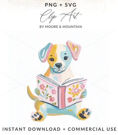 Watercolor illustration of a dog reading a book with floral pattern.