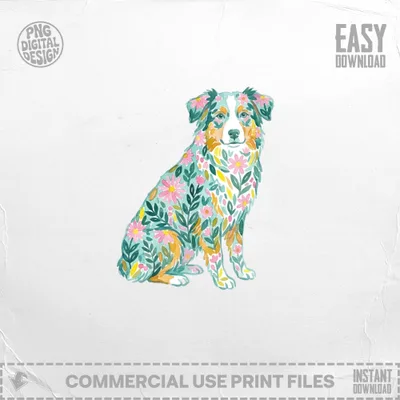 Watercolor Australian Shepherd dog with pink and yellow flowers, "Easy Download"