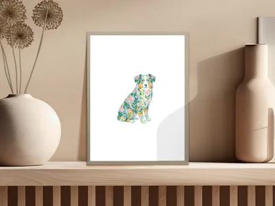Watercolor Australian Shepherd illustration with floral accents on a light background.