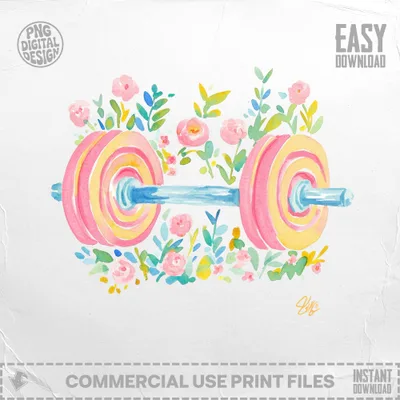 Preppy Painterly Dumbbell SVG, Hand Painted Floral Gym PNG Clipart, Watercolor Fitness Graphic, Artsy Girly Workout Illustration, Dreamy SVG