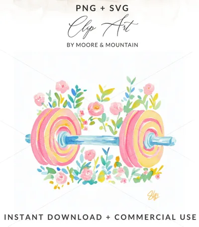 Preppy Painterly Dumbbell SVG, Hand Painted Floral Gym PNG Clipart, Watercolor Fitness Graphic, Artsy Girly Workout Illustration, Dreamy SVG