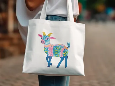 White tote bag with a colorful illustrated goat.