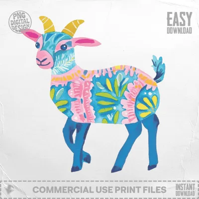 Illustrated goat with vibrant folk art patterns, "Easy Download" text.
