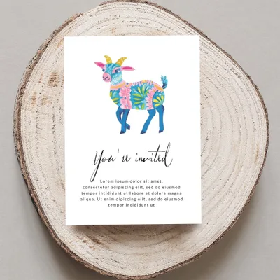 Invitation card with colorful goat illustration and placeholder text.