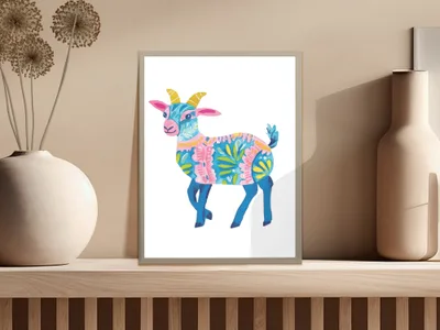 Colorful folk art illustration of a goat with blue legs and horns.